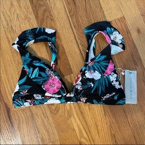 Coastal Blue Tropical Floral Ruffle Bikini Top